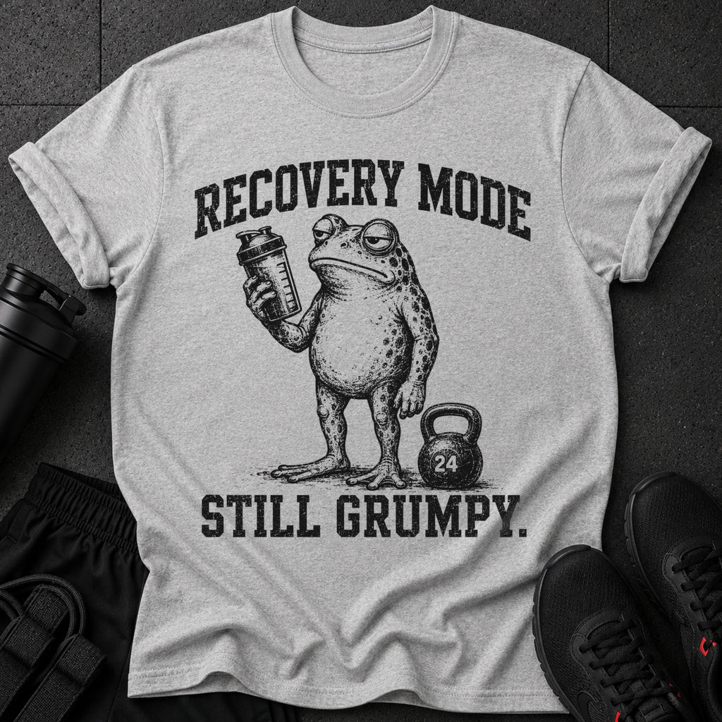 Grumpy frog with shaker and kettlebell, "RECOVERY MODE STILL GRUMPY."