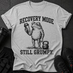 Grumpy frog with shaker and kettlebell, "RECOVERY MODE STILL GRUMPY."