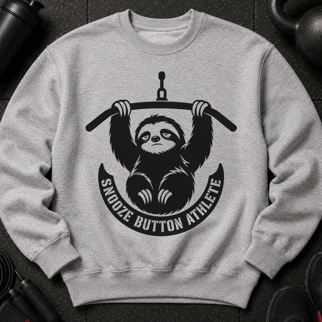 Gray sweatshirt with black sloth graphic and text "Snooze Button Athlete".
