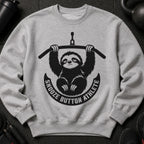 Gray sweatshirt with black sloth graphic and text "Snooze Button Athlete".