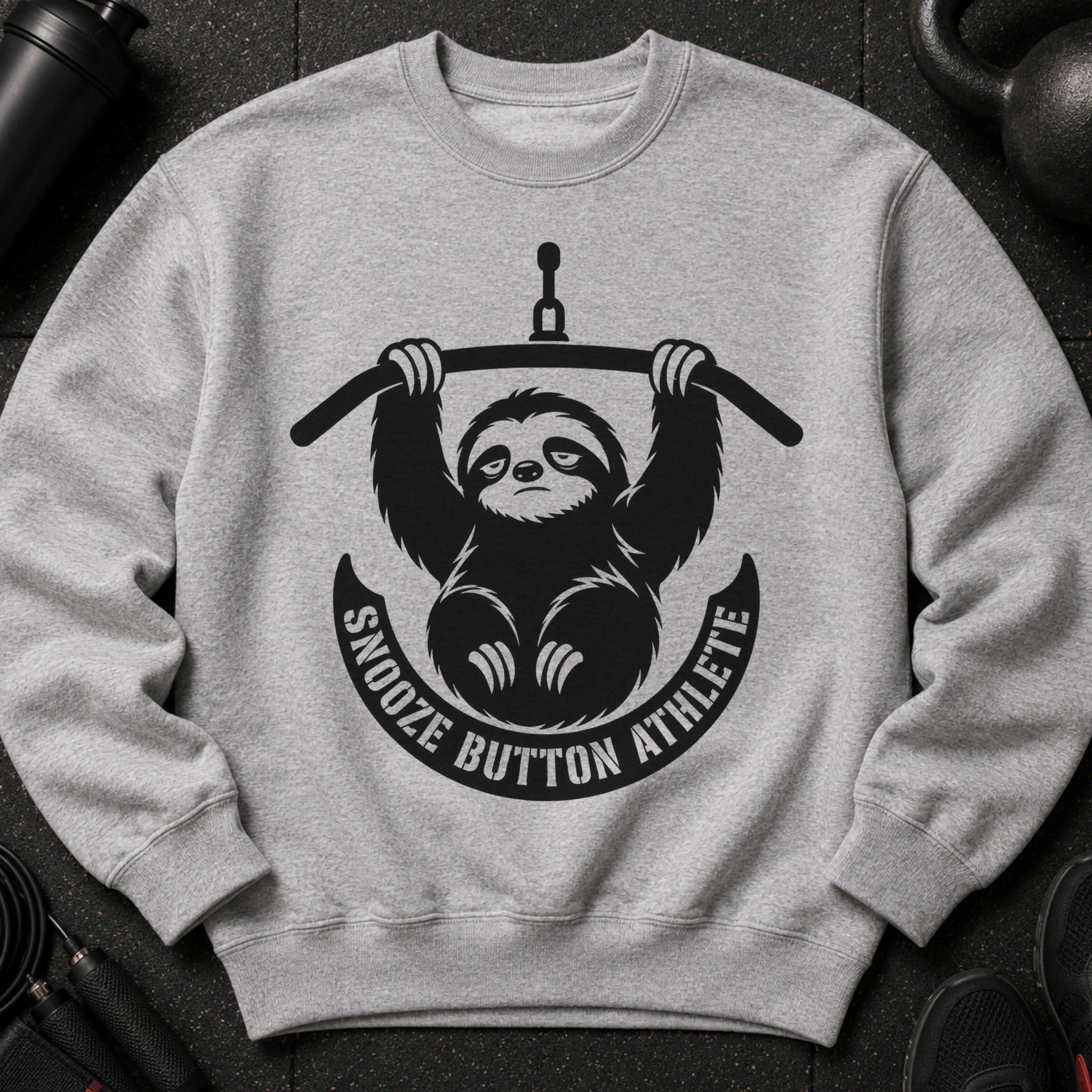 Gray sweatshirt with black sloth graphic and text "Snooze Button Athlete".