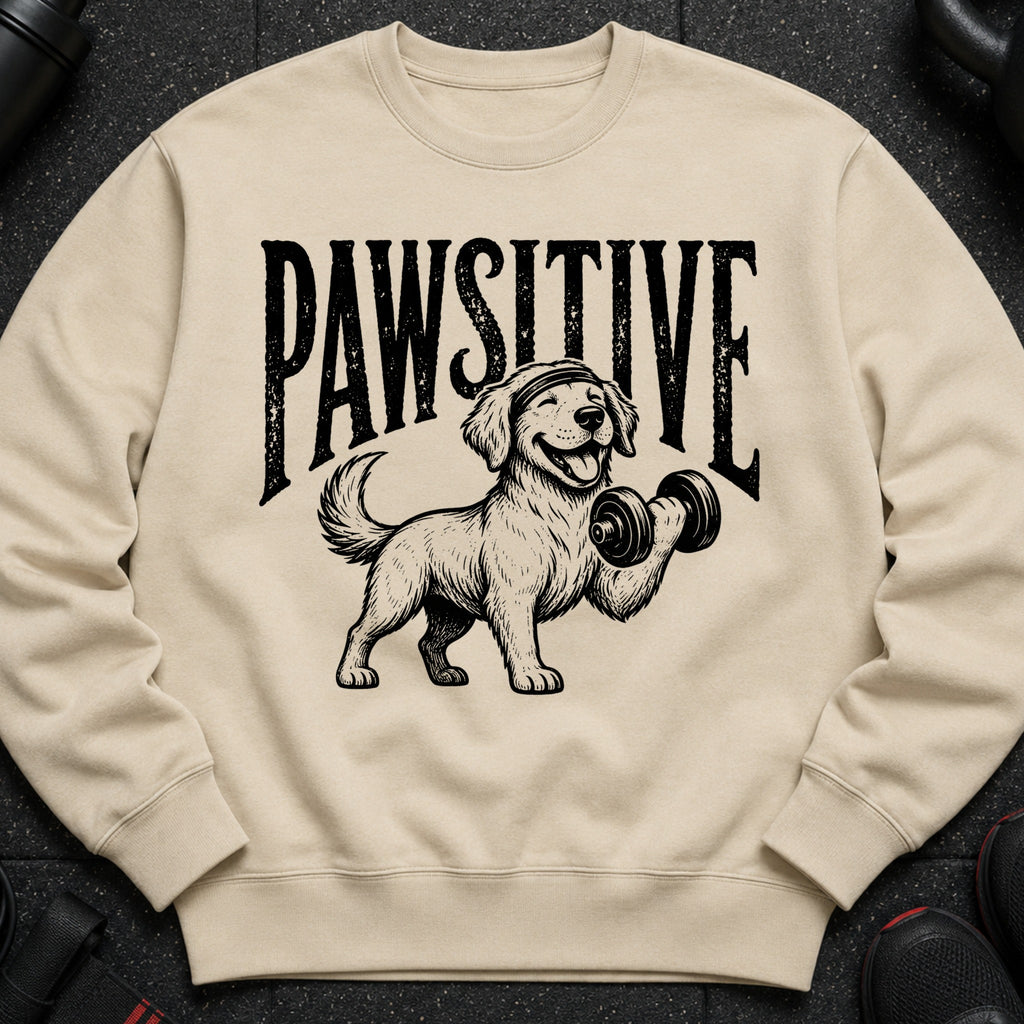Crewneck sweatshirt with black graphic of dog lifting dumbbell and text "PAWSITIVE".
