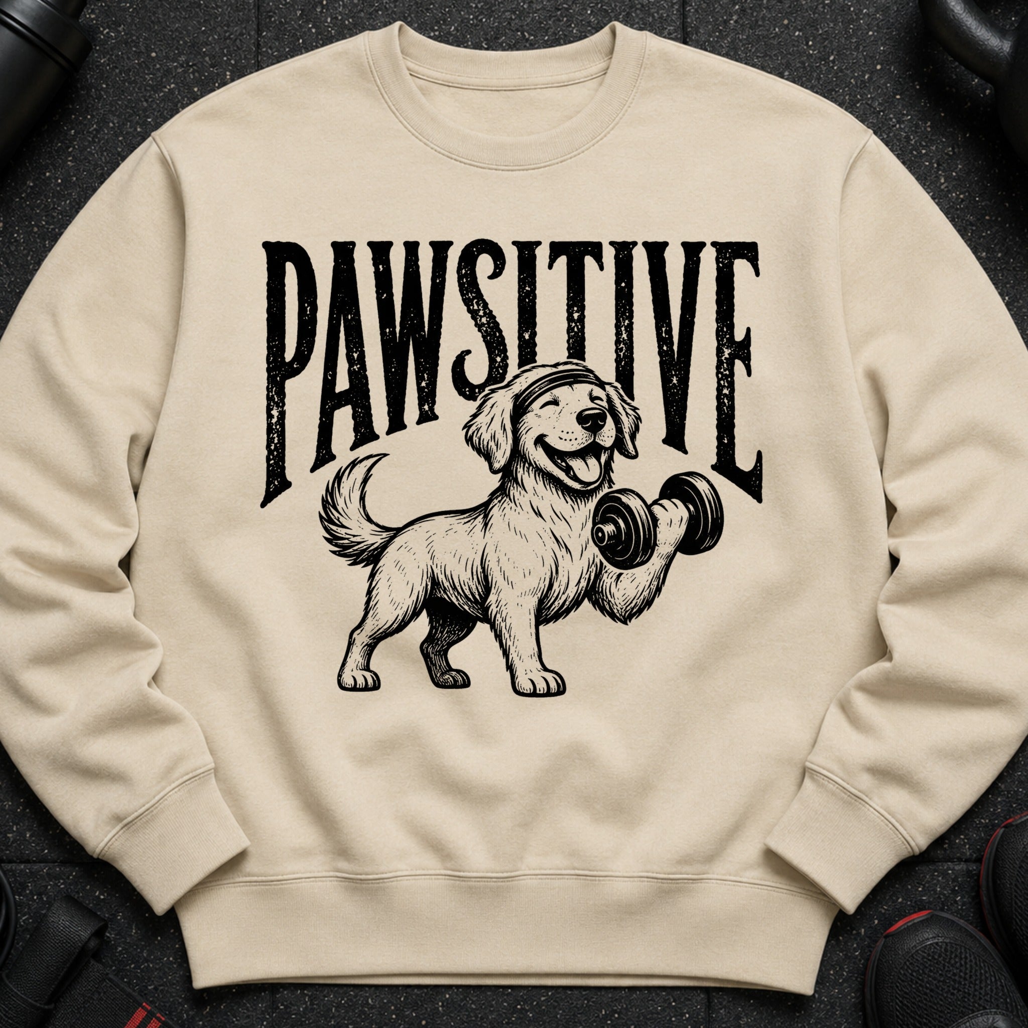 Crewneck sweatshirt with black graphic of dog lifting dumbbell and text "PAWSITIVE".