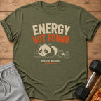 Green t-shirt with "ENERGY NOT FOUND" text and a sad panda with a dumbbell.