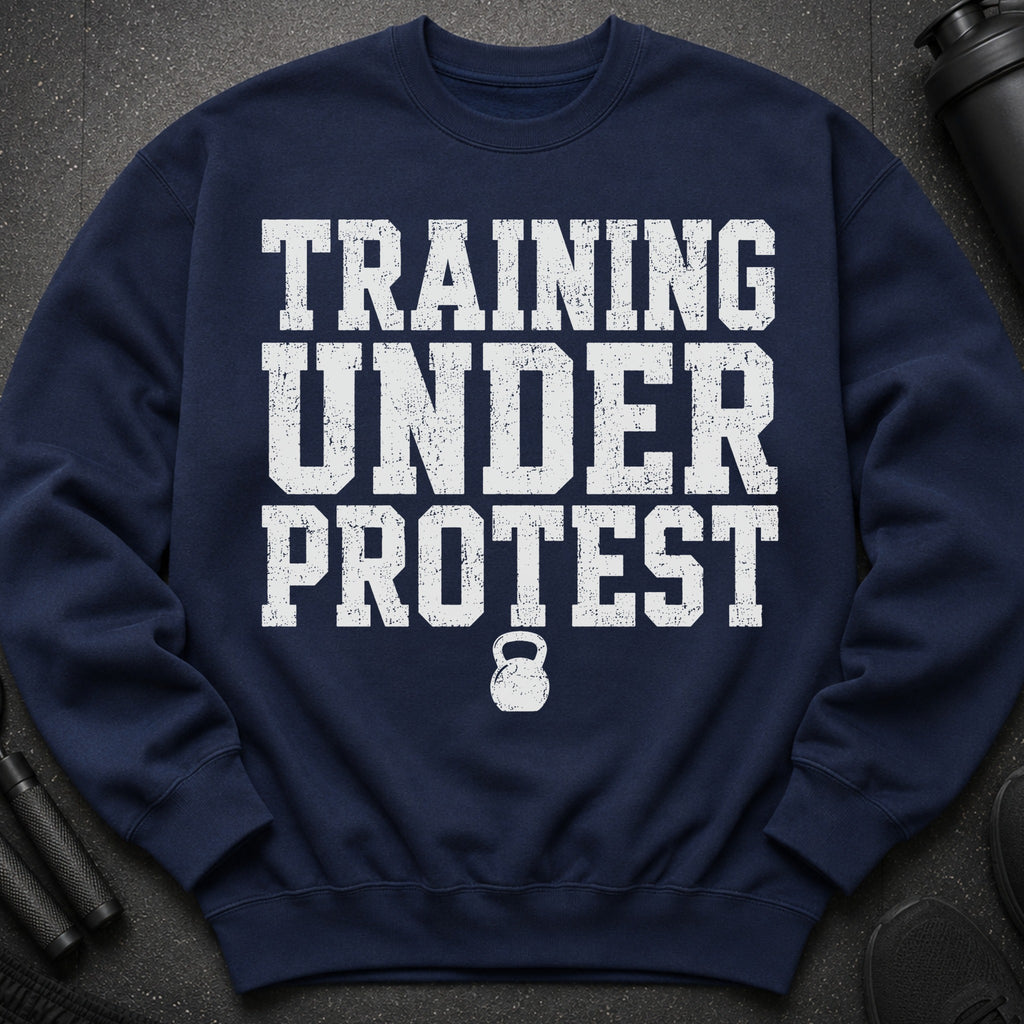 Navy sweatshirt with "TRAINING UNDER PROTEST" text and a kettlebell graphic.