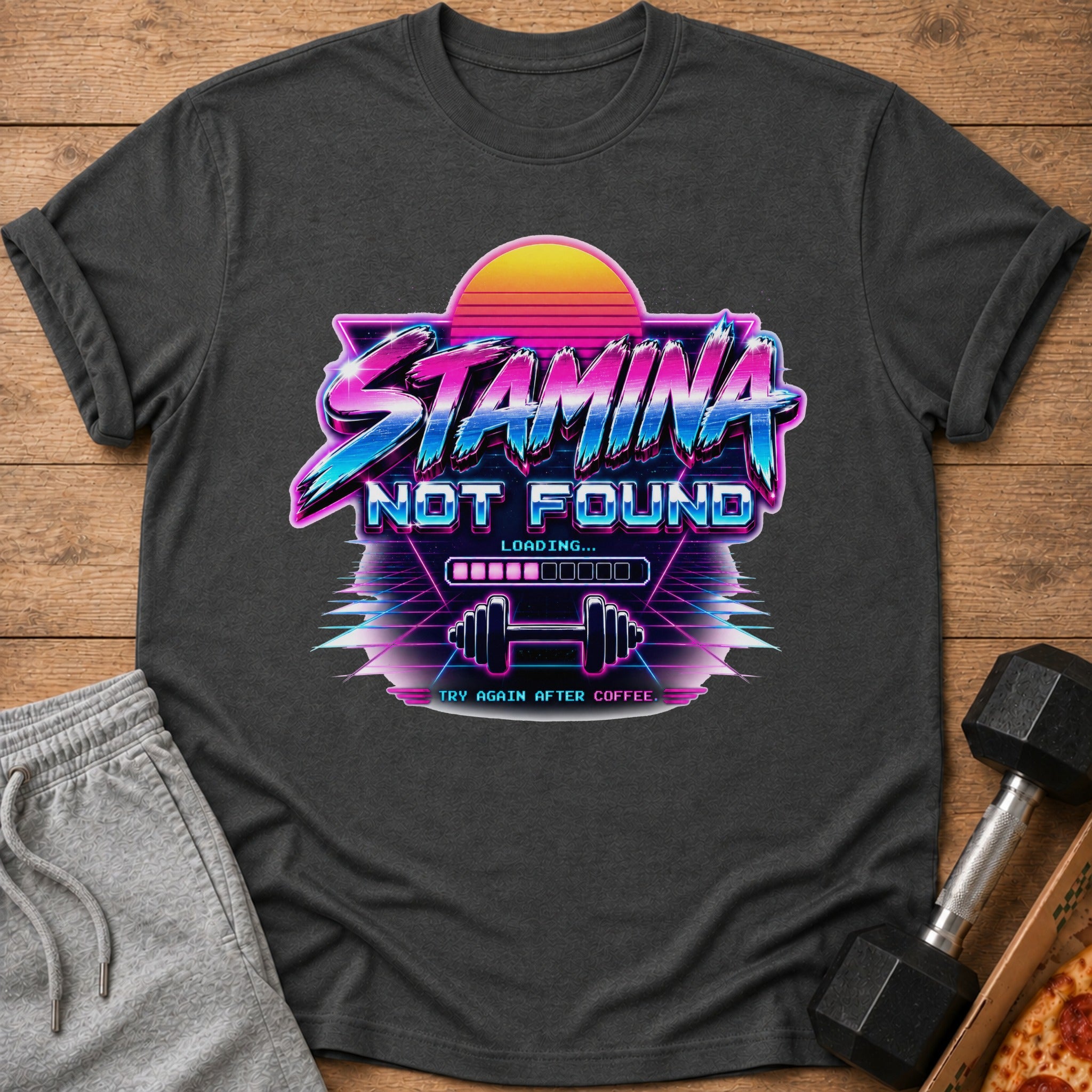 Dark grey t-shirt with retro "STAMINA NOT FOUND LOADING..." graphic.