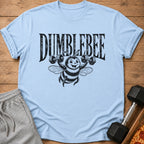 Light blue t-shirt with black graphic of a bee lifting dumbbells and the text "DUMBLEBEE".