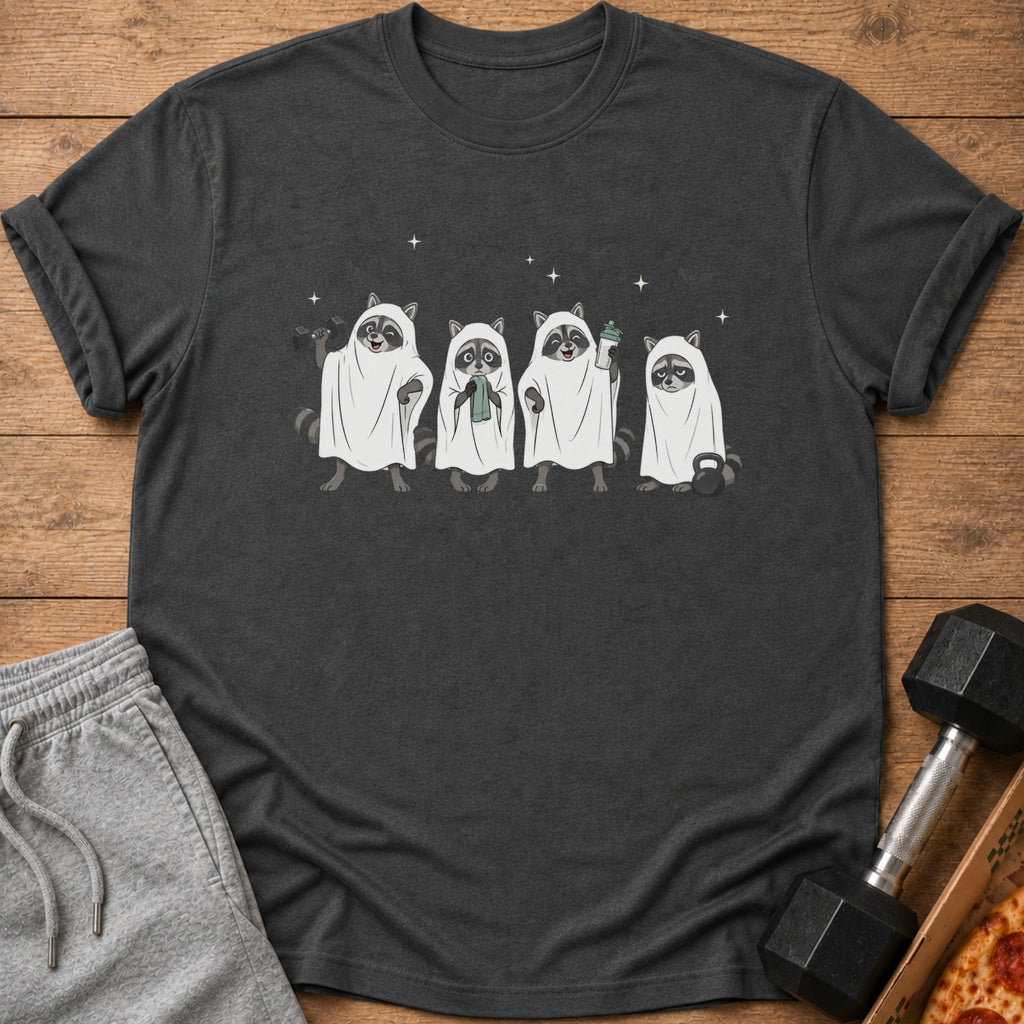 Four raccoons dressed as ghosts hold gym equipment and a water bottle.