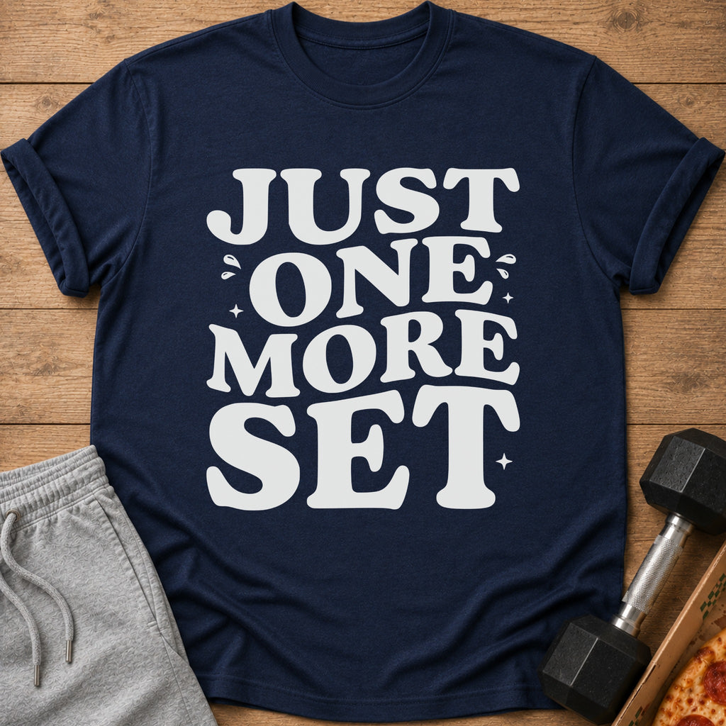 Navy t-shirt with white text "JUST ONE MORE SET" and workout accessories.