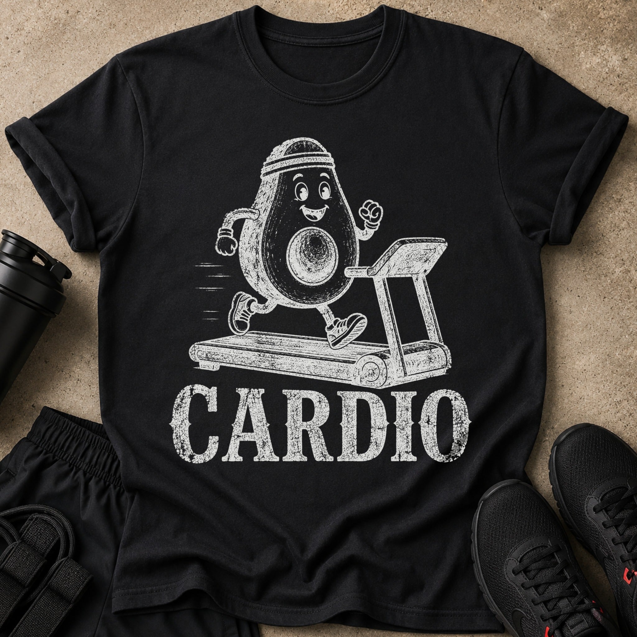 Black t-shirt with a graphic of a running avocado on a treadmill and the word CARDIO.