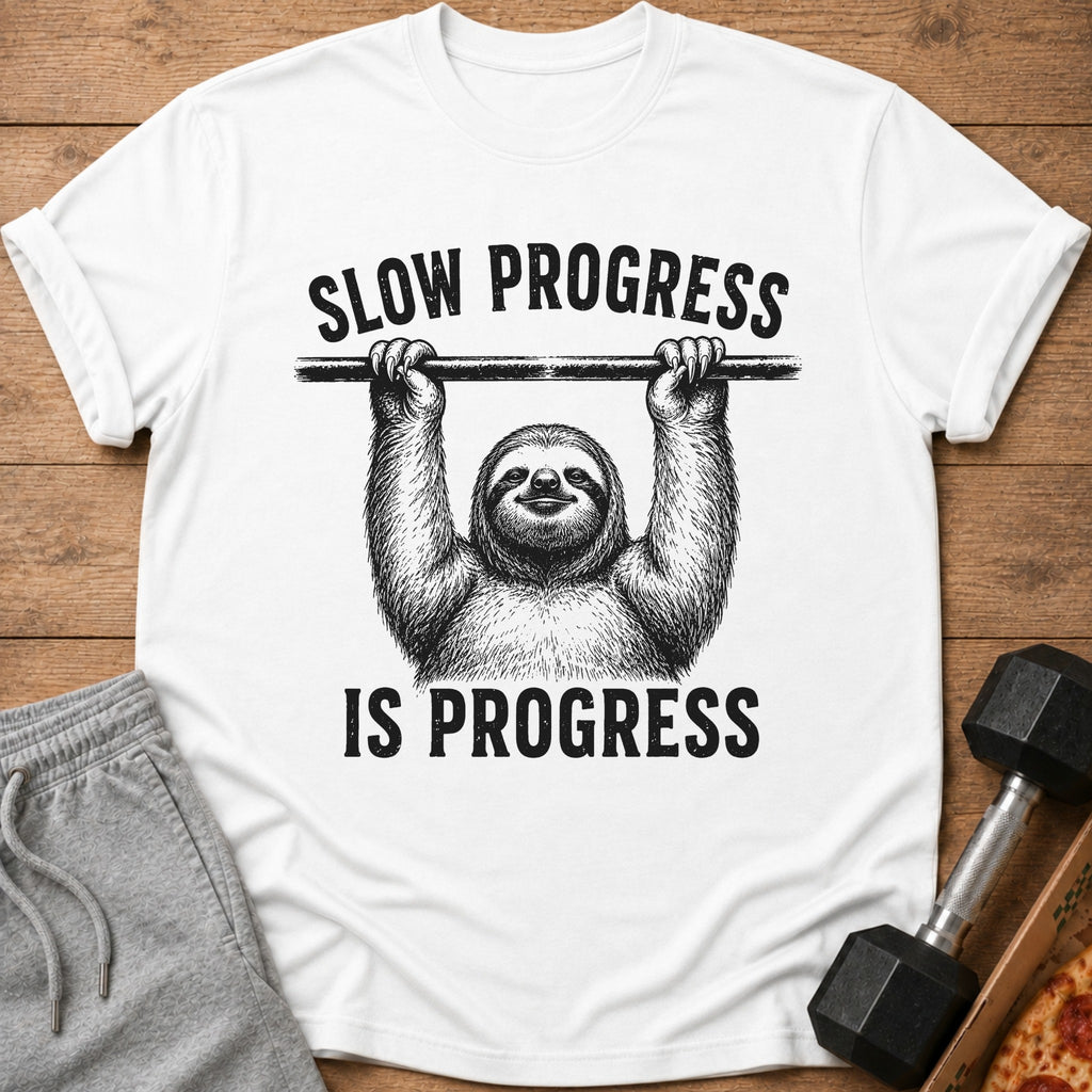 White t-shirt with black graphic of sloth hanging from bar, text reads "SLOW PROGRESS IS PROGRESS".