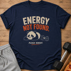 Navy t-shirt with text "ENERGY NOT FOUND. PLEASE REBOOT." and a panda resting on a dumbbell.