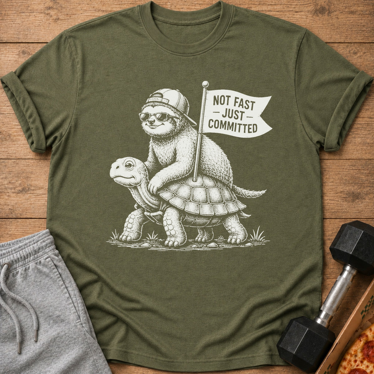 Sloth on turtle graphic with text "NOT FAST - JUST - COMMITTED" on olive t-shirt.