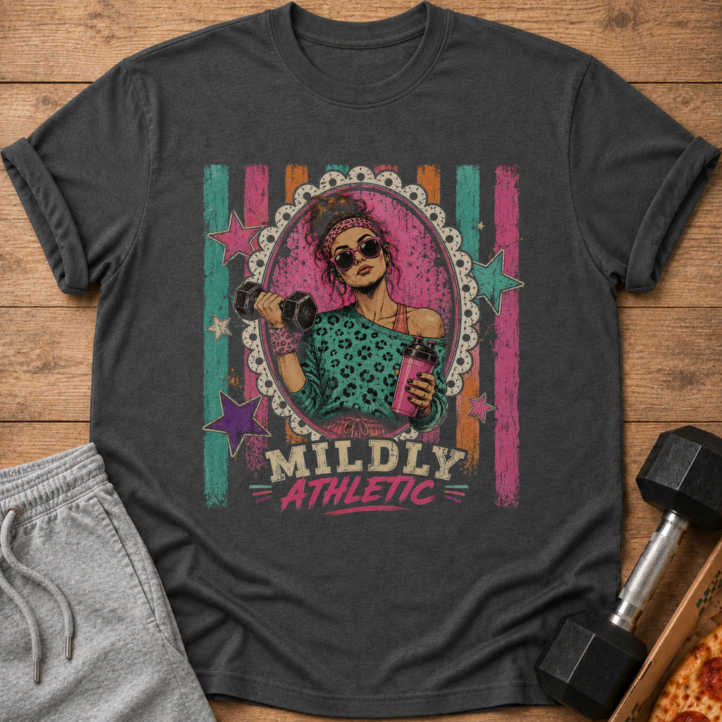 Graphic on t-shirt features woman lifting dumbbell, holding shaker, with text "MILDLY ATHLETIC".