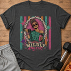 Graphic on t-shirt features woman lifting dumbbell, holding shaker, with text "MILDLY ATHLETIC".