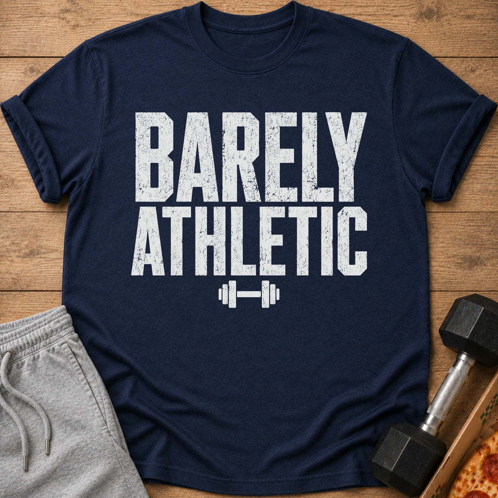 Navy t-shirt with "BARELY ATHLETIC" text and dumbbell graphic.