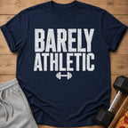 Navy t-shirt with "BARELY ATHLETIC" text and dumbbell graphic.