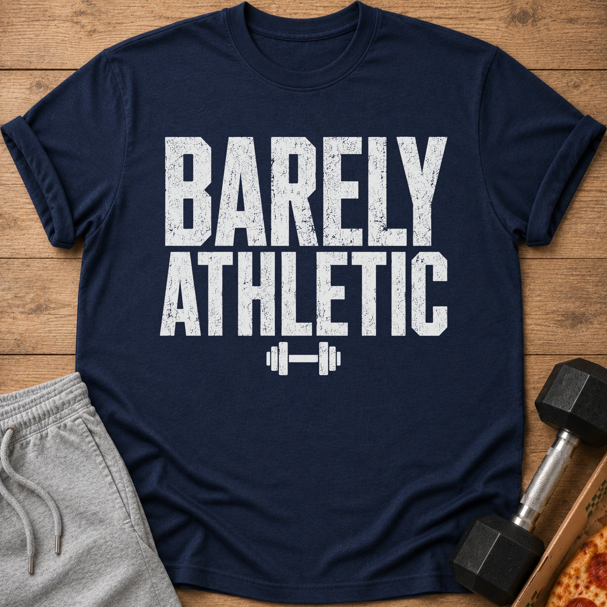 Navy t-shirt with "BARELY ATHLETIC" text and dumbbell graphic.