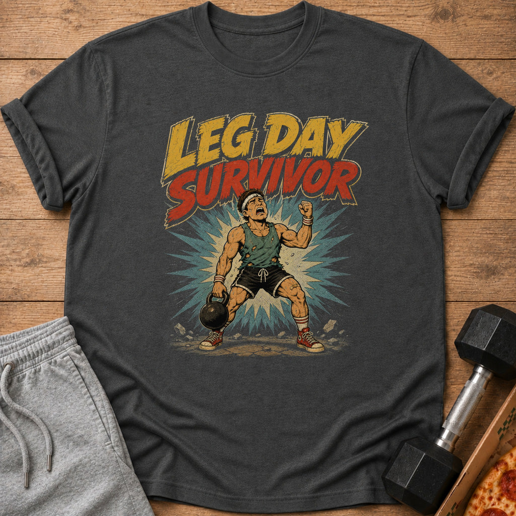 Dark grey t-shirt with "LEG DAY SURVIVOR" text and a cartoon bodybuilder.