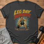 Dark grey t-shirt with "LEG DAY SURVIVOR" text and a cartoon bodybuilder.