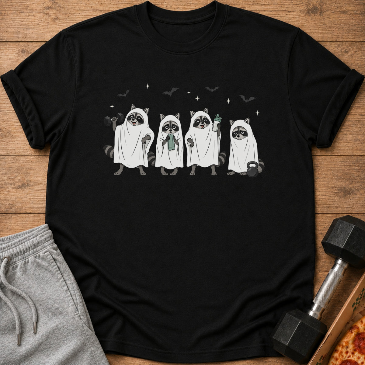 Four raccoons in ghost costumes with weights and a drink.