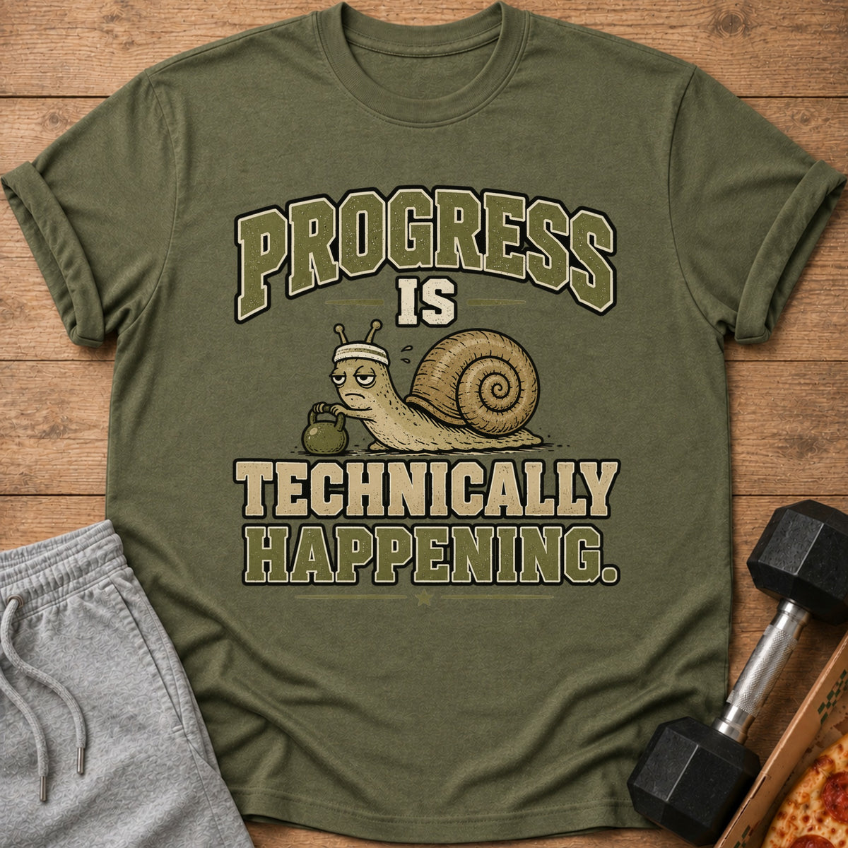 Olive green t-shirt with "PROGRESS IS TECHNICALLY HAPPENING" text and snail graphic.
