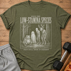 Green t-shirt with "Save the Low-Stamina Species" text and forest creatures.