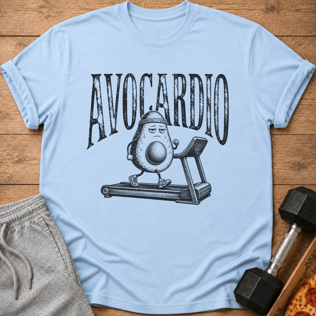 Avocado character running on treadmill with text "AVOCARDIO" above.