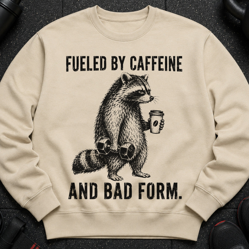 Crewneck sweatshirt with raccoon lifting weights and holding coffee, text "Fueled by caffeine and bad form."
