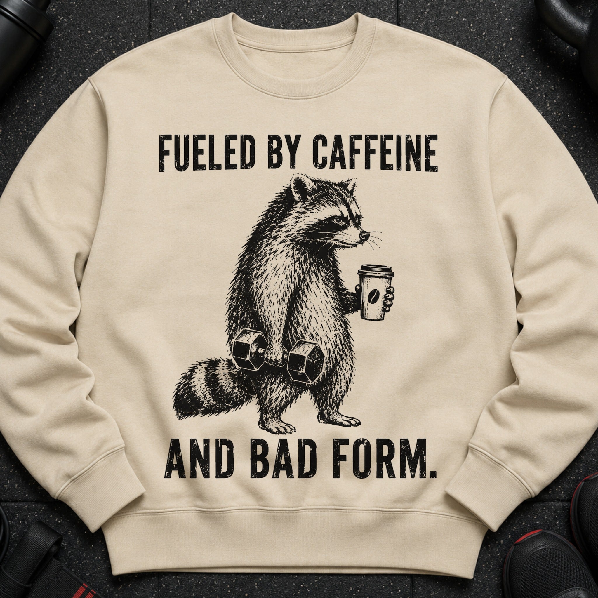 Crewneck sweatshirt with raccoon lifting weights and holding coffee, text "Fueled by caffeine and bad form."