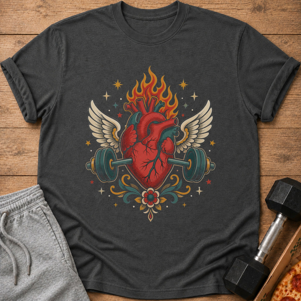 Graphic t-shirt with a flaming heart, wings, and barbell design.