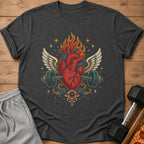 Graphic t-shirt with a flaming heart, wings, and barbell design.