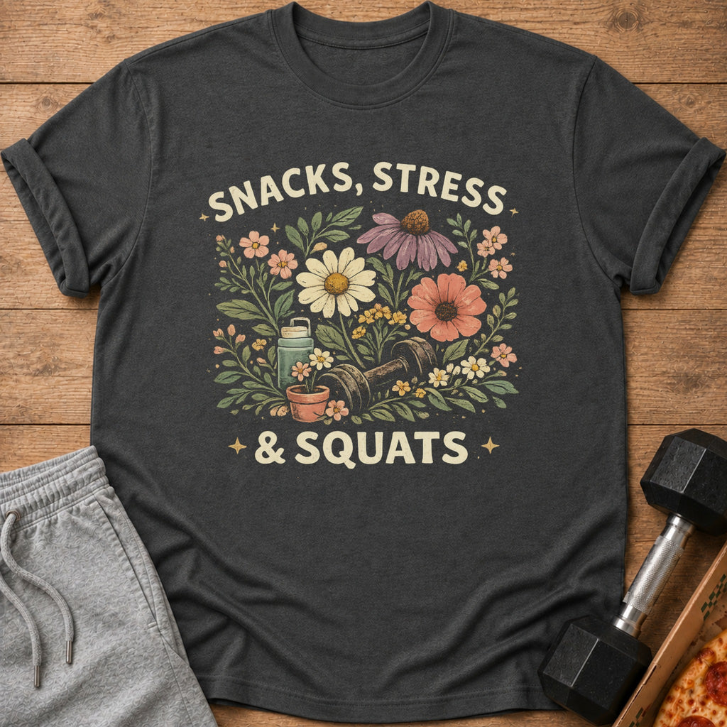 Dark gray t-shirt with "SNACKS, STRESS & SQUATS" and floral graphic.