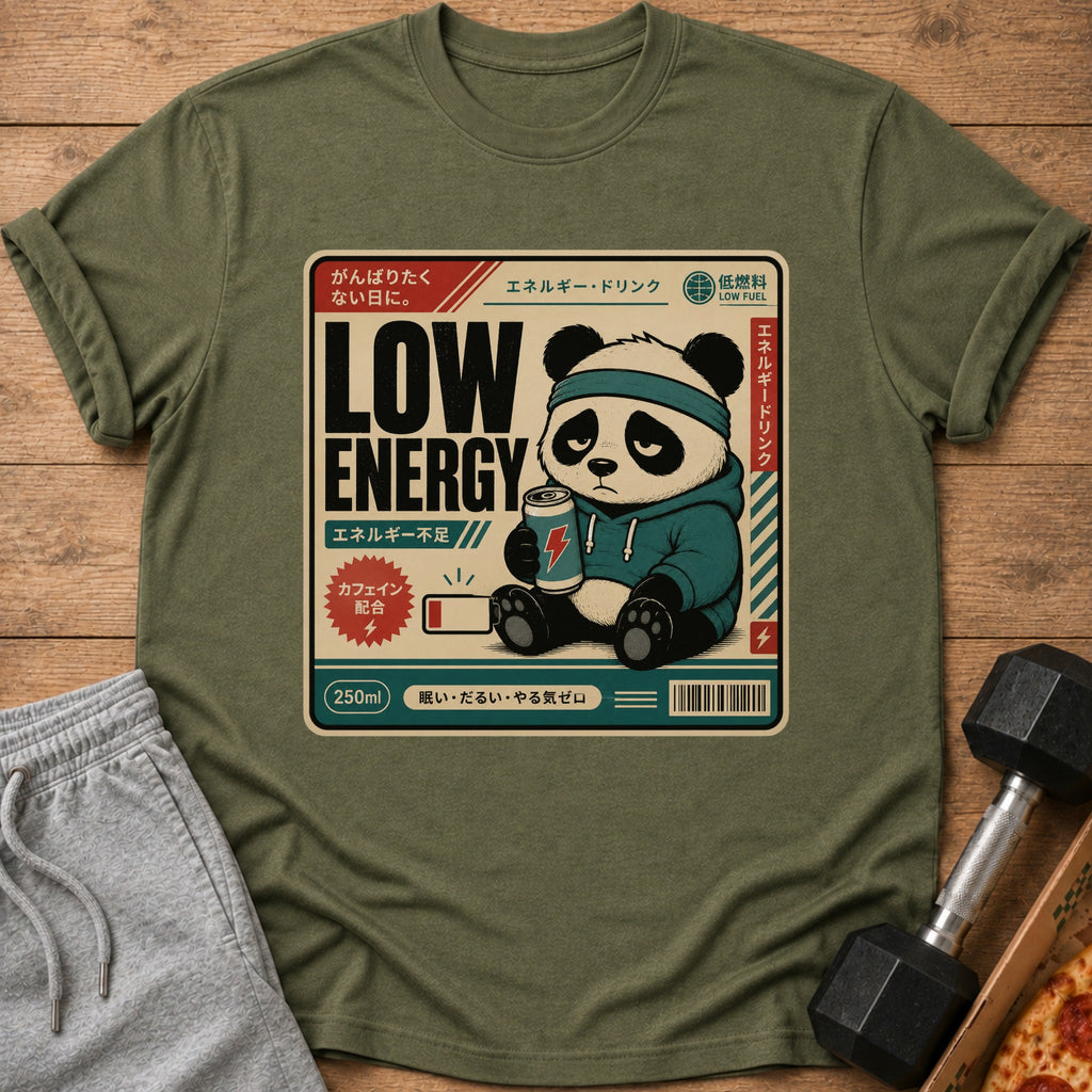 T-shirt graphic of a sad panda holding an energy drink can labeled "LOW ENERGY".