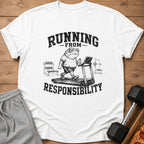 White t-shirt with distressed graphic of a frog running on a treadmill.