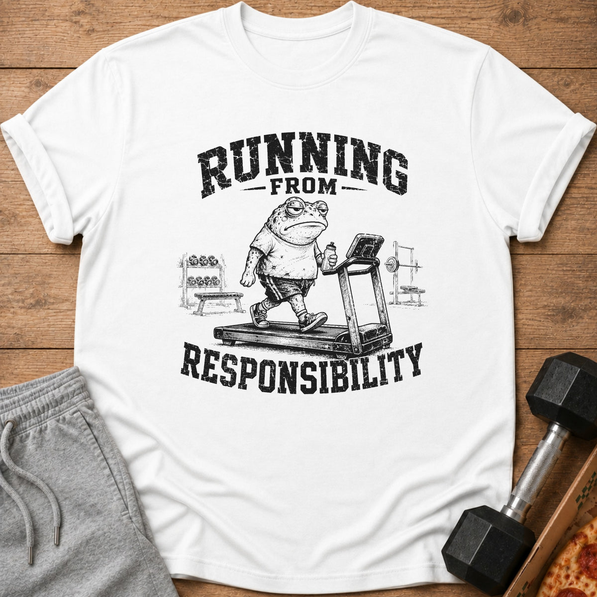 White t-shirt with distressed graphic of a frog running on a treadmill.