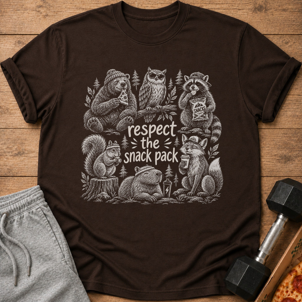 Brown t-shirt with "respect the snack pack" text and illustrated animals.