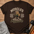Brown t-shirt with graphic of capybara holding shaker, text "Muscles Sold Separately".