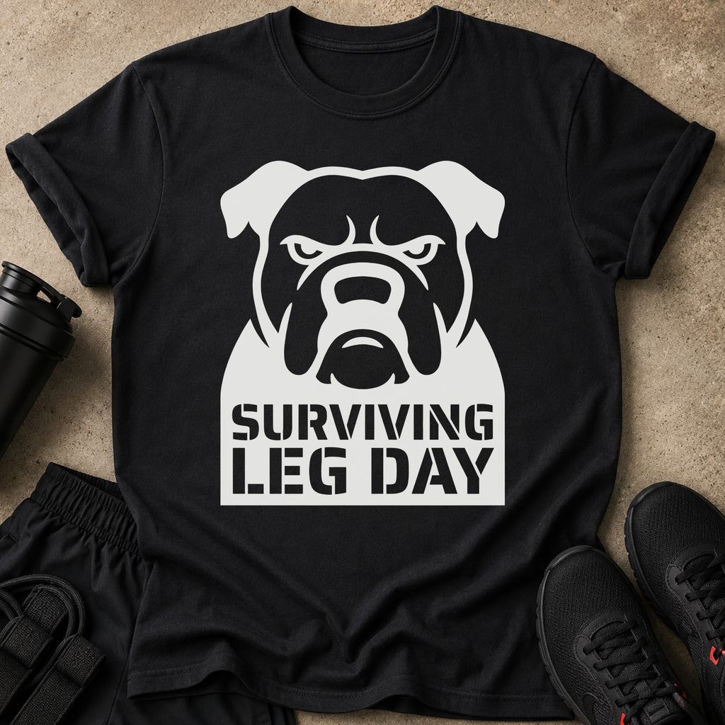 Black t-shirt with white bulldog graphic and "Surviving Leg Day" text.