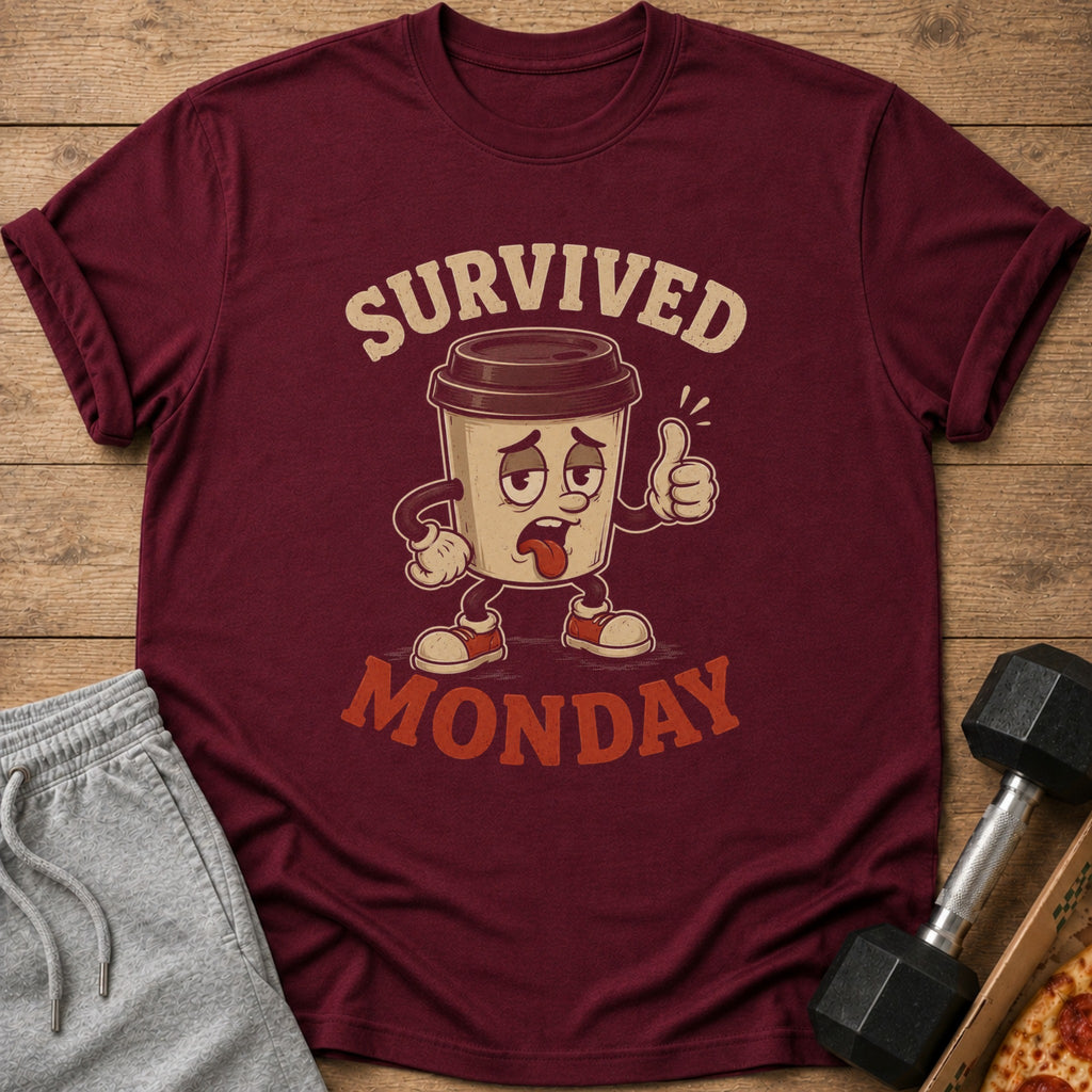 Maroon t-shirt with cartoon coffee cup saying "Survived Monday" and giving a thumbs up.
