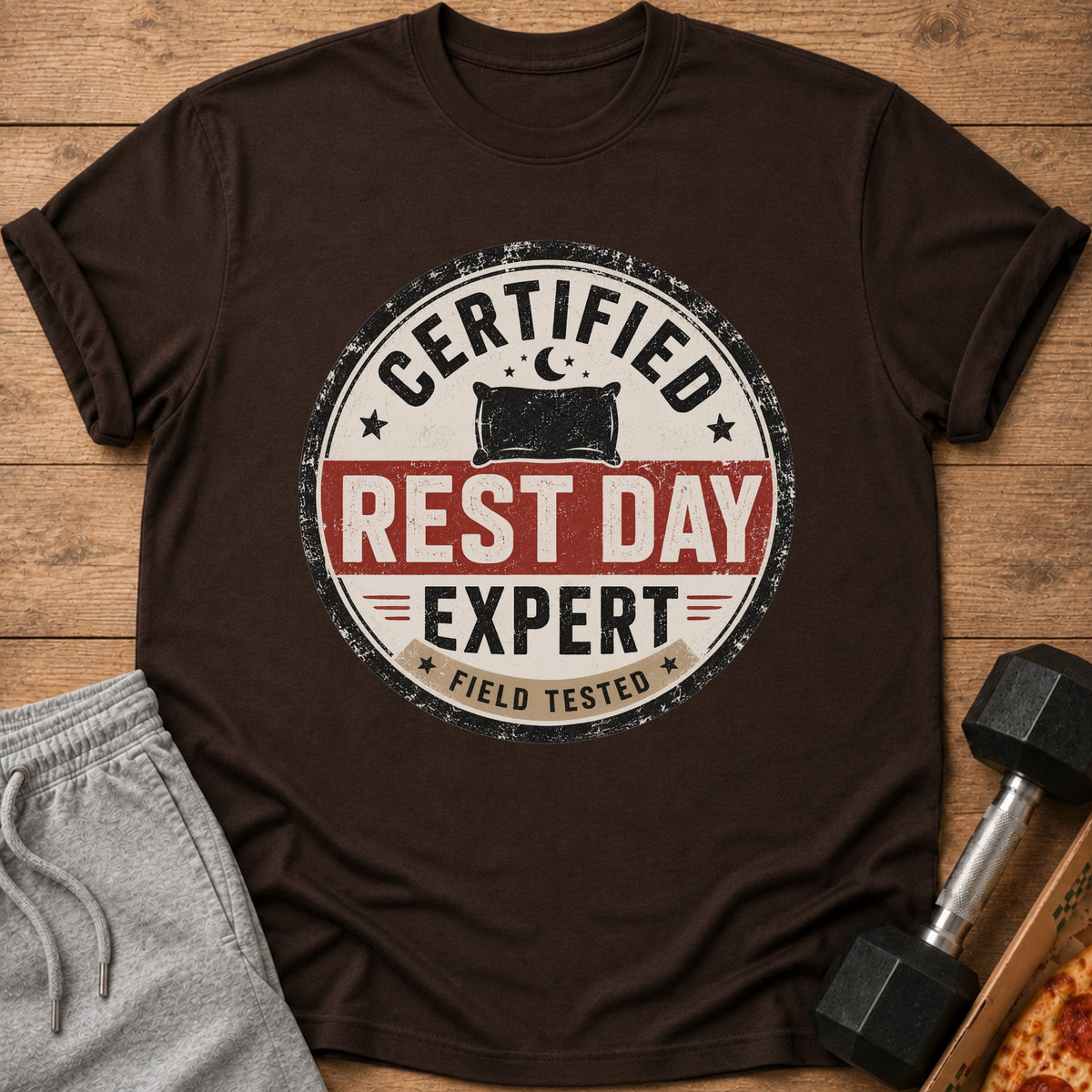 Brown t-shirt with "Certified Rest Day Expert Field Tested" graphic.