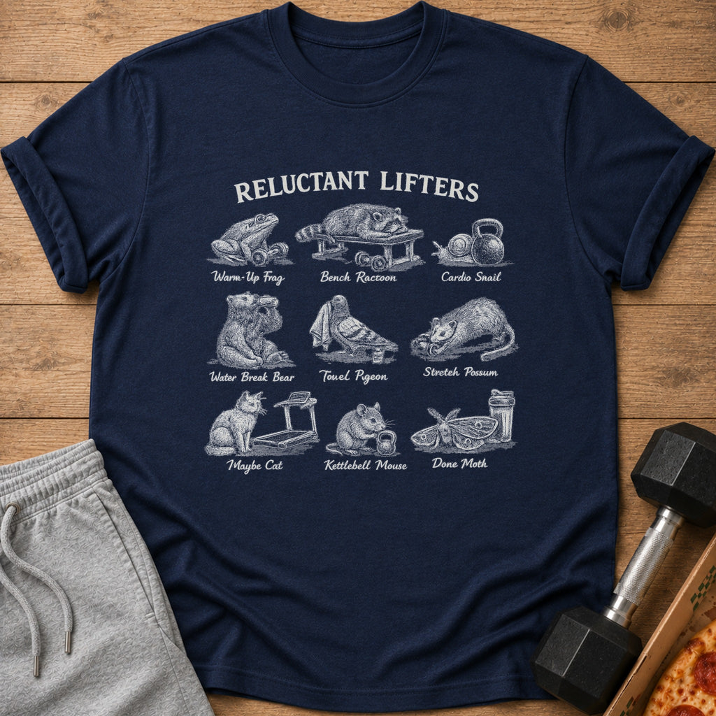 Navy t-shirt with "Reluctant Lifters" and drawings of animals with gym equipment.