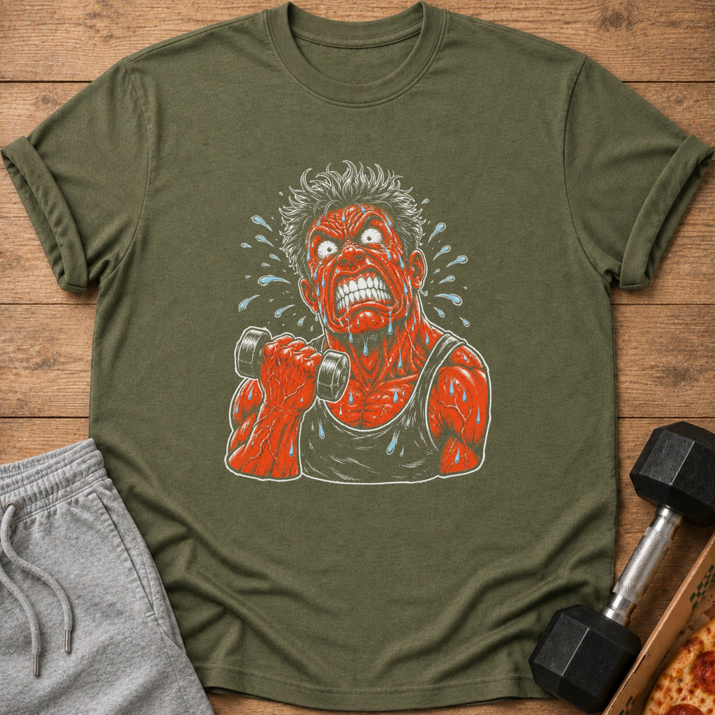 Green t-shirt with illustration of a sweating, red-faced person lifting a dumbbell.