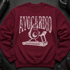 Maroon sweatshirt with "AVOCARDIO" text and an avocado character running on a treadmill.