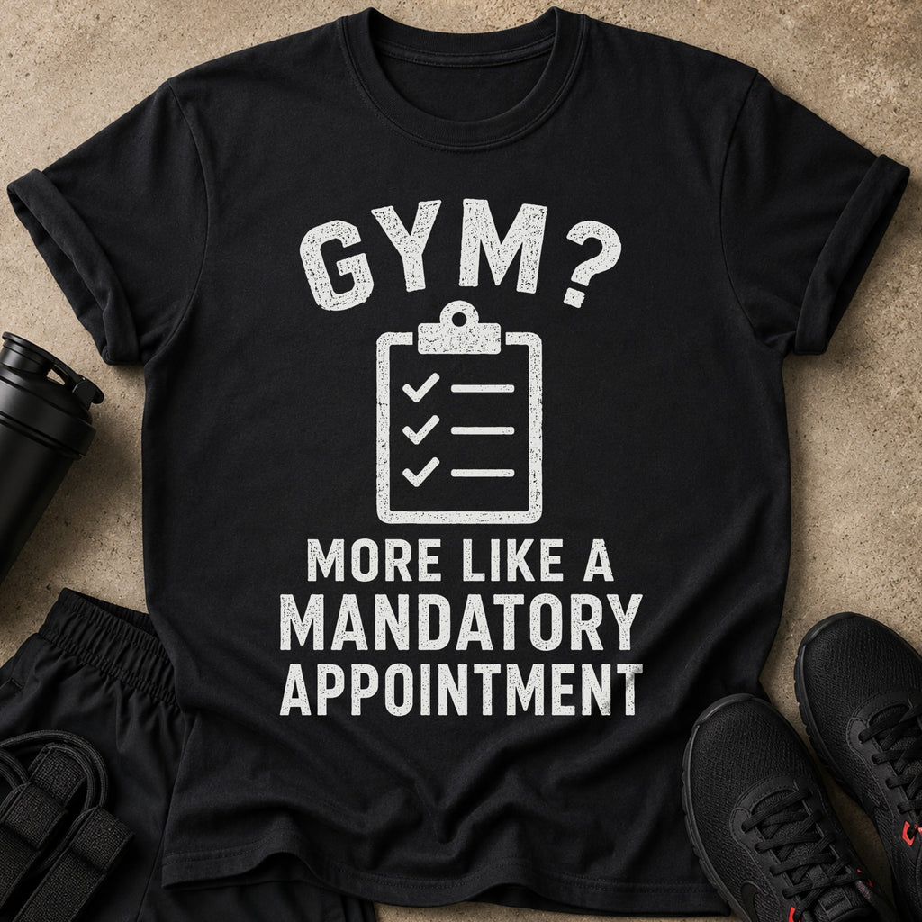 Black t-shirt with "GYM? MORE LIKE A MANDATORY APPOINTMENT" text and a checklist graphic.