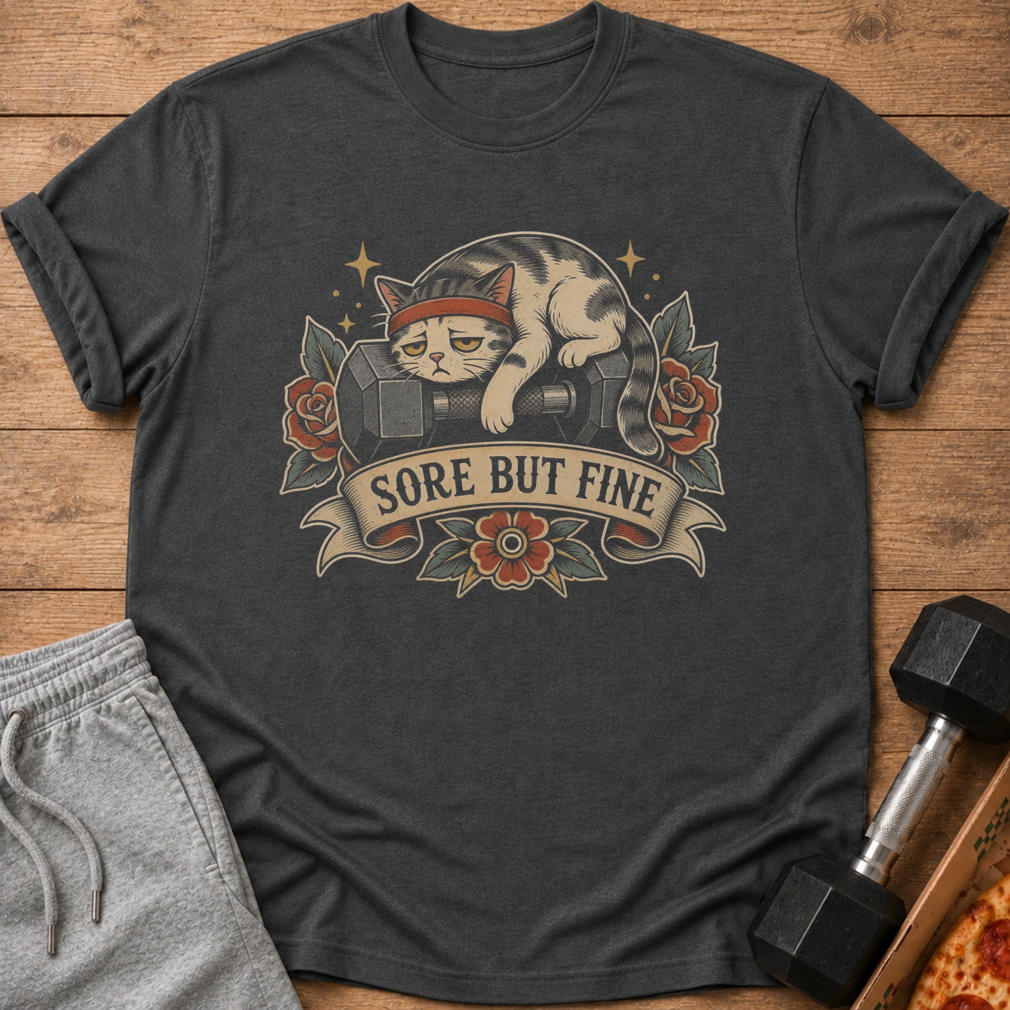 T-shirt with a tired cat on a dumbbell and the text "Sore But Fine".