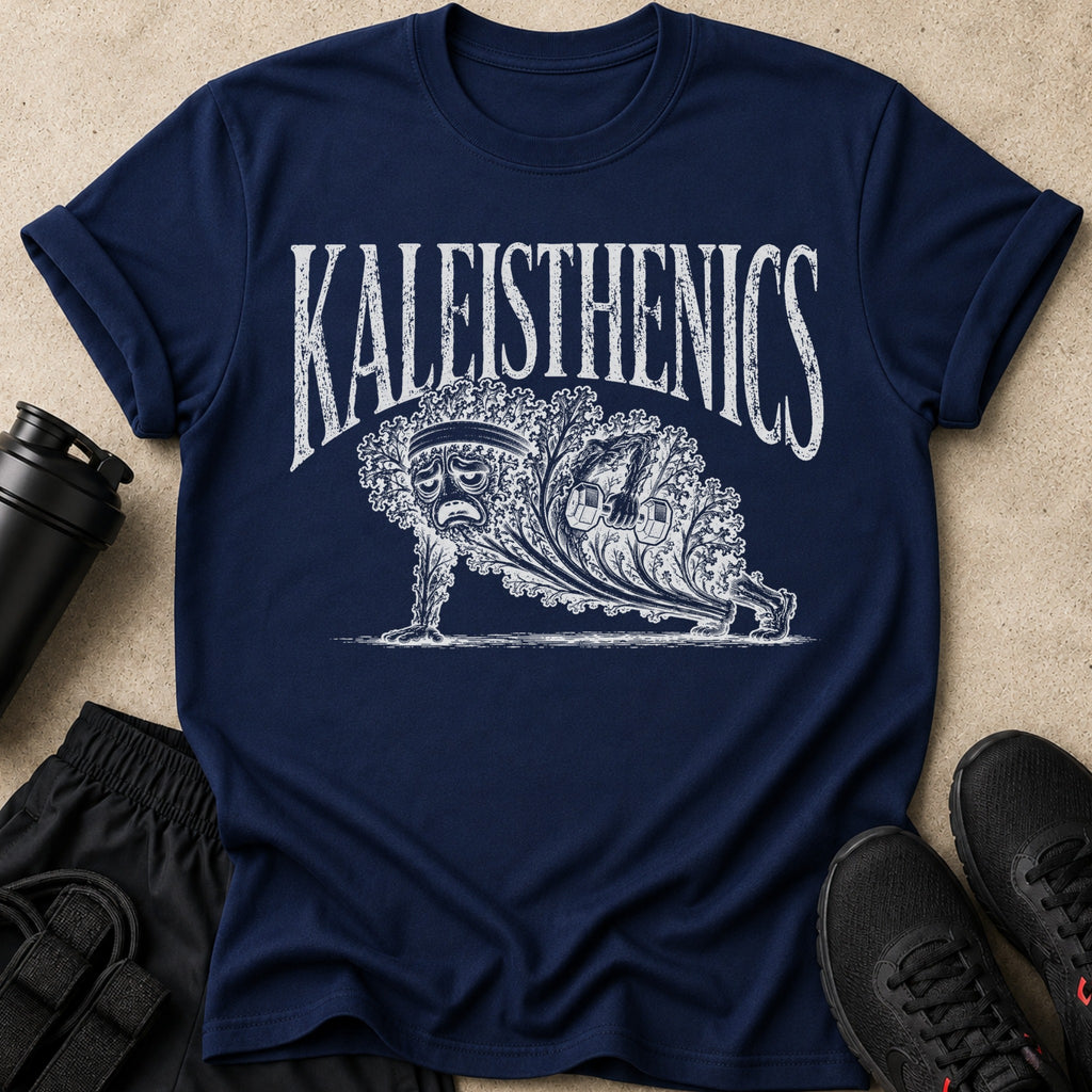 Navy t-shirt with distressed "KALEISTHENICS" text and a sad kale character doing a plank with weights.