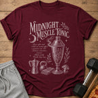 Maroon t-shirt with "Midnight Muscle Tonic" graphic and workout items.