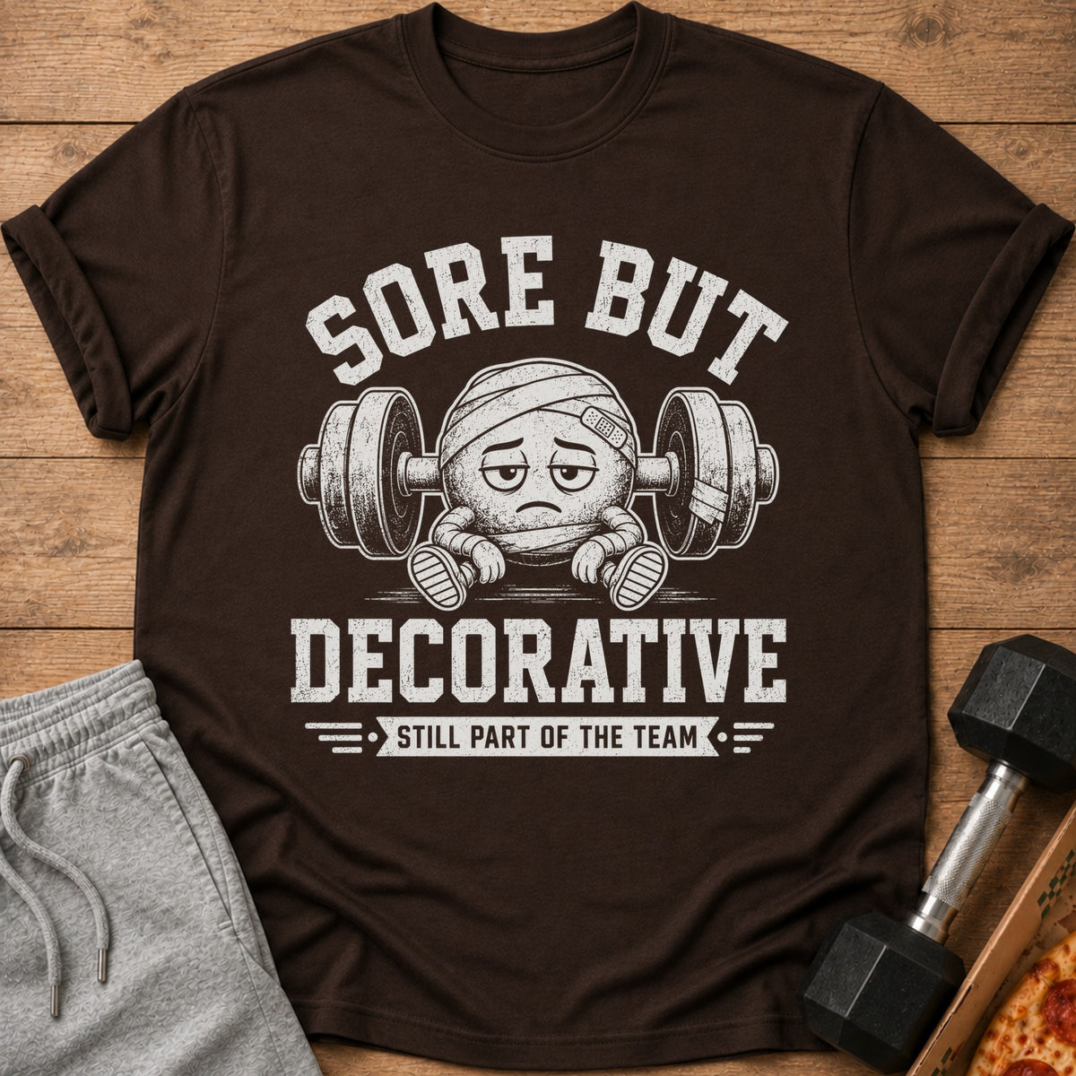 Brown t-shirt with "Sore But Decorative Still Part of the Team" text.