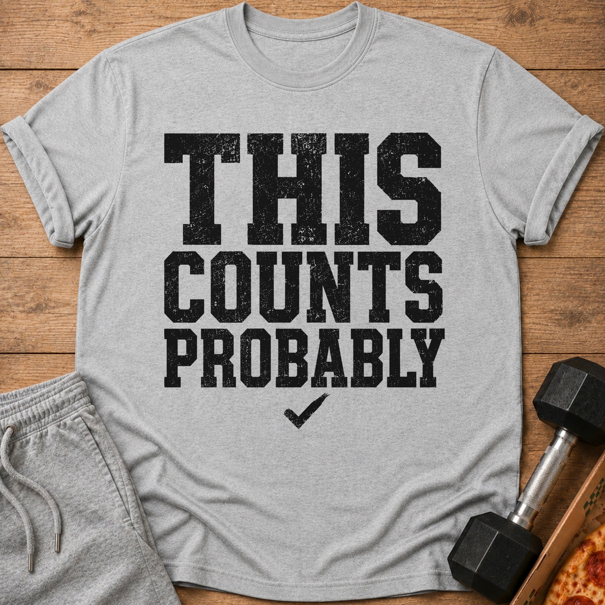 Grey t-shirt with black distressed text "THIS COUNTS PROBABLY" and a checkmark.